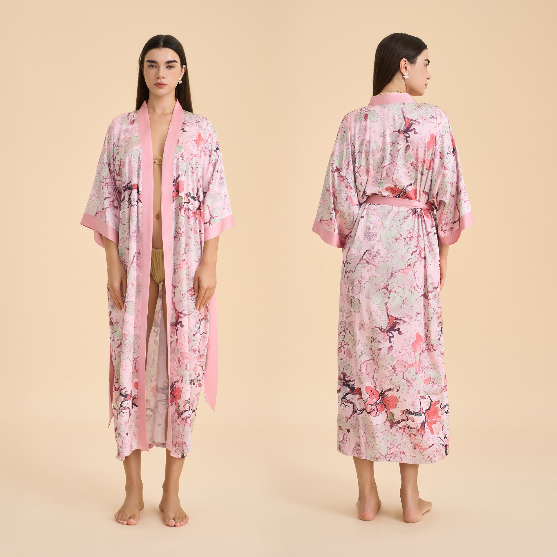 Europa y América pijamas damas primavera y otoño satén chiffon bata de baño impresión desordenada bata de dormir cómoda ropa larga para el hogar WP3976