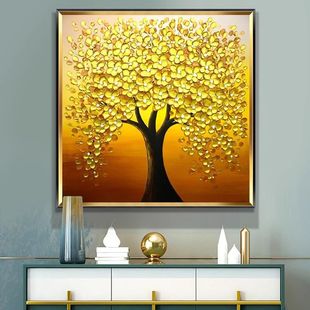 Money Tree Pure Hand-Painted Oil Painting Entrance Decoration Painting Living Room Square Hanging Painting Golden Money Tree Mural to Attract Wealth into the Home