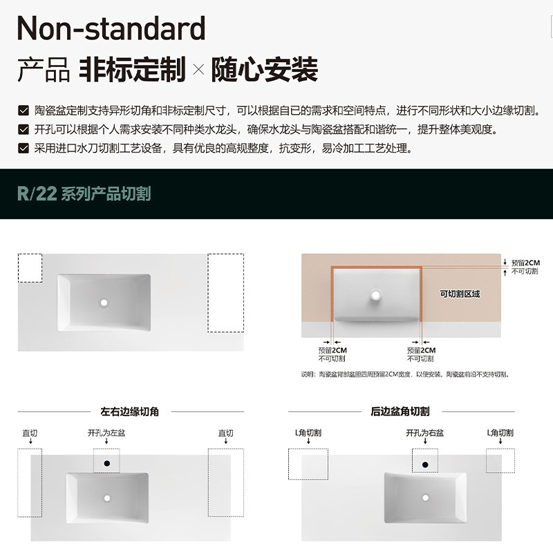 光沢のある薄い縁の洗面器、単一の洗面器、セラミック一体型洗面器、肌に優しい洗面器、カット可能な洗面器の端とコーナーを備えたバスルームのカウンター洗面器|undefined