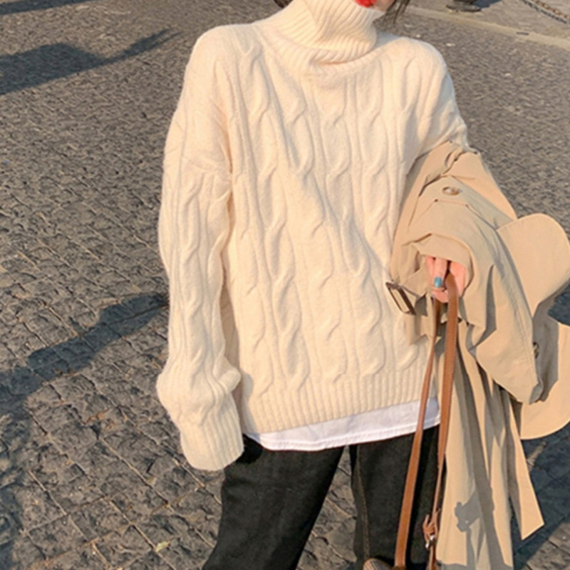 Japanese-Style Cable Knit Turtleneck Sweater Women's Coat 2025 New Autumn and Winter Lazy Style Ribbed Thick Base Shirt