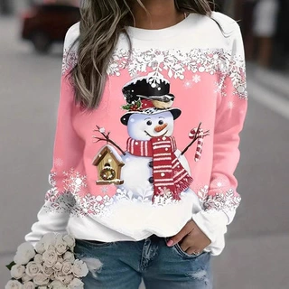 2025圣诞节圆领卫衣女可爱雪人3D上衣服装亚马逊欧美大码女装外穿