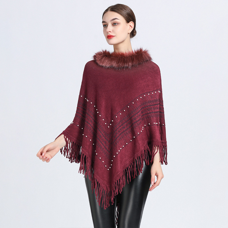 Pull en tricot à franges pour femme, châle, cape, col en fourrure_voghion.com