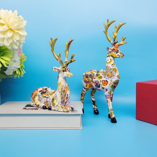 Resin Crafts Water Transfer Printed Colorful Deer Ornament Creative Couple Wedding Gift Home Living Room Bar Cabinet Decor