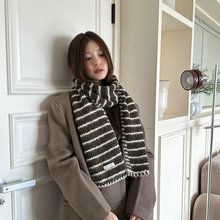 韩版条纹双色围巾女冬季新款百搭保暖含羊毛双面针织毛线围脖学生