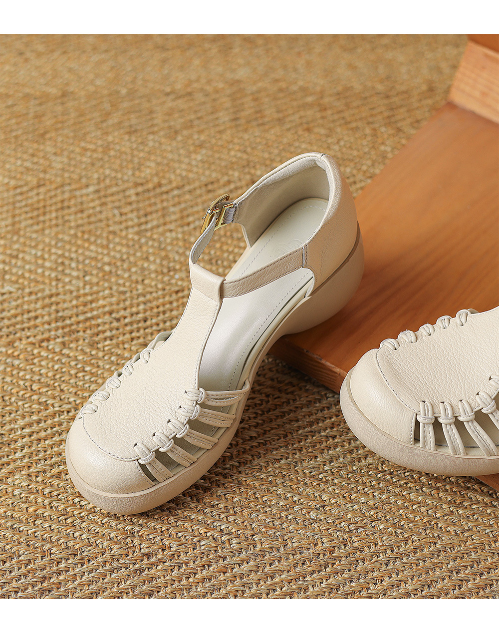 Sandal nữ da cừu mũi bao đế dày quai ngang một chữ kiểu La Mã — đen chi tiết 20