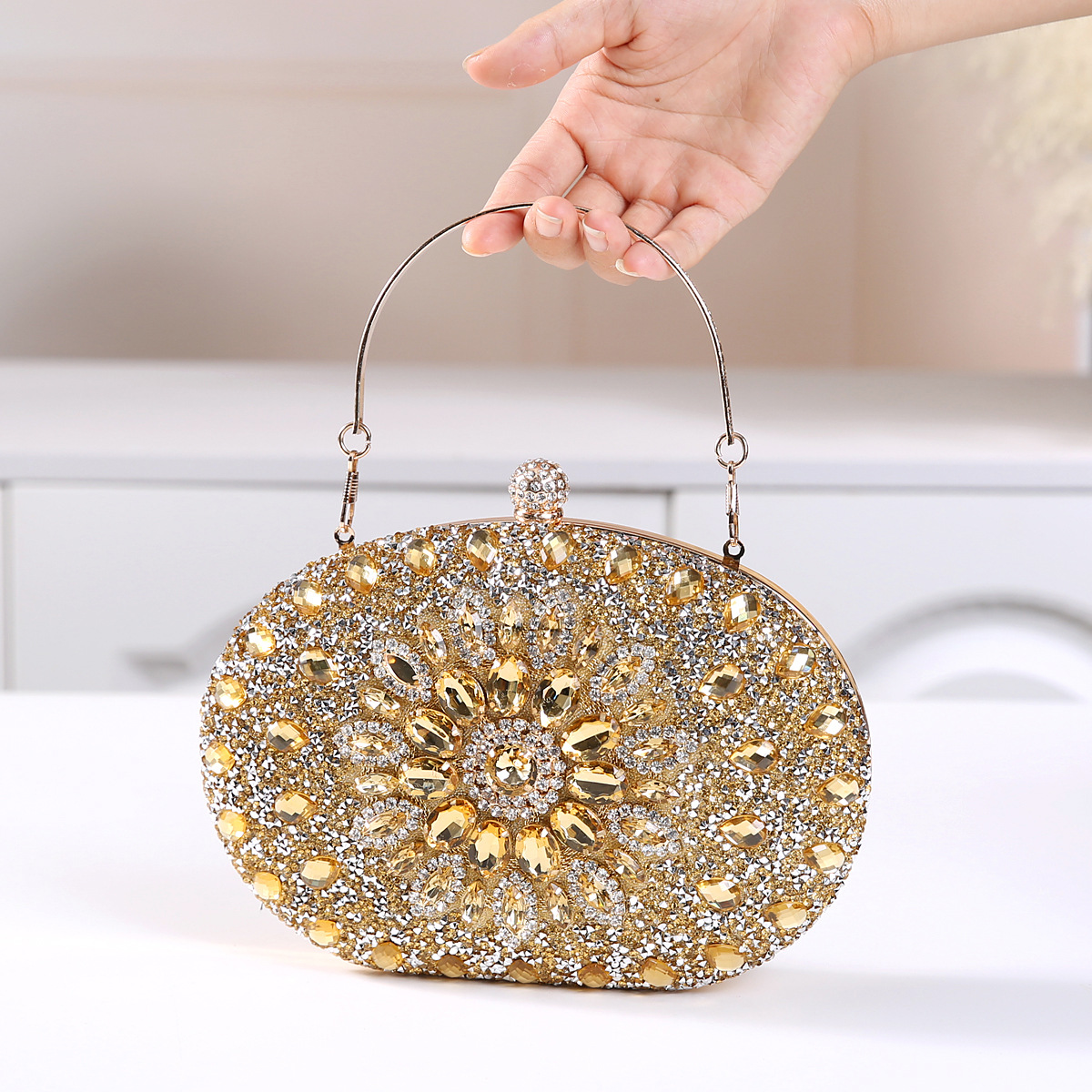 337g Weight Polyester Lining Material Lock clasp Closure Type Top Handle Strap Type Evening Bag Bags Type Party Occasion Pu Leather Material Printing Pattern All Seasons Season Women's Gender Diamond Design Elegant Style Oval Shape Small Size Pu Leather Printing Oval Evening Bags 5
