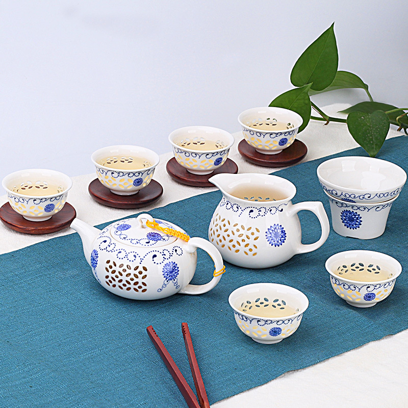玲瓏鏤空蜂窩功夫泡茶具套裝陶瓷家用創意茶杯簡約茶藝簡易青花瓷