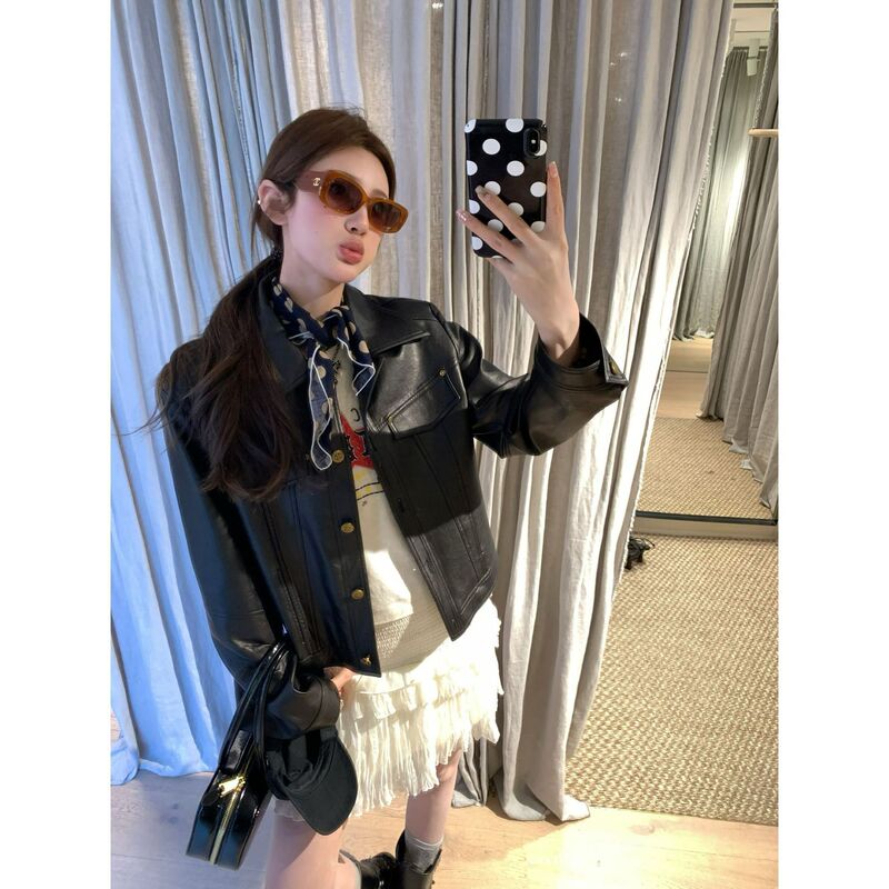 Korean Style Motorcycle Short Leather Jacket for Women 2026 New Spring and Autumn Fashion Polo Collar Leather Jacket for Petite Women