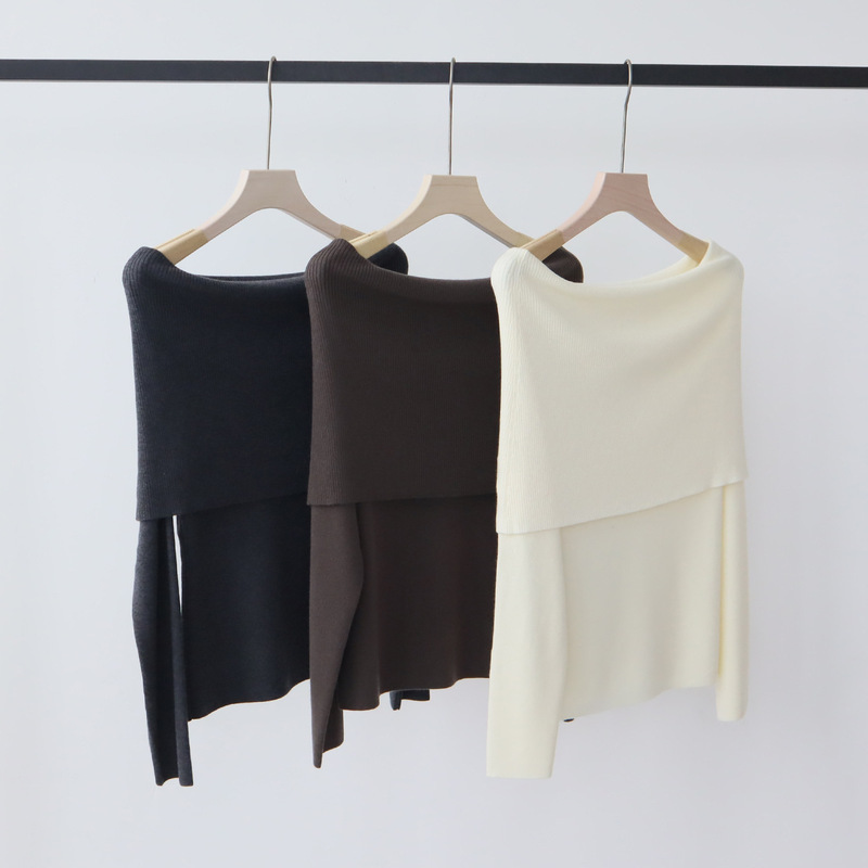 Early Autumn Outfit: Gentle Style One-Shoulder Knitwear, Wool Blend Spring and Autumn Top, Off-Shoulder Collarbone Bottoming Knitwear