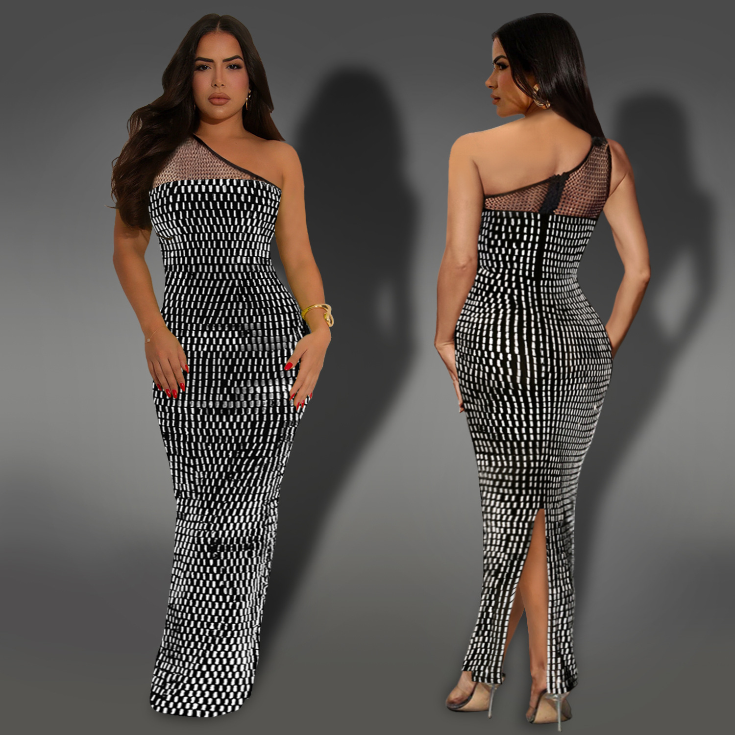 C7422 Cross-border AliExpress Amazon Ropa de mujer de moda europea y americana Vestido sin mangas con hombros inclinados de diamantes calientes de malla sexy image 4