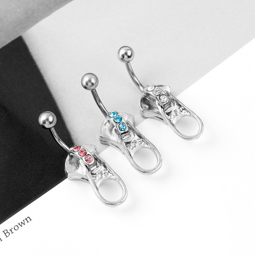 New AliExpress best-seller jewelry rhinestone zipper belly button ring belly dance navel closure 