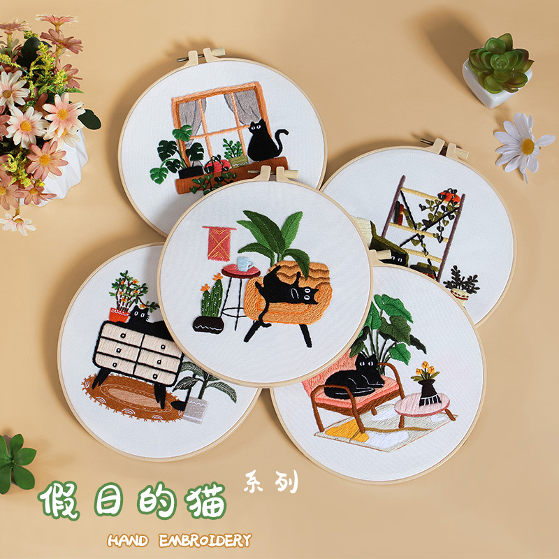 New Original diy handmade embroidery material package holiday cat black cat flowers and plants window sofa English cross-border