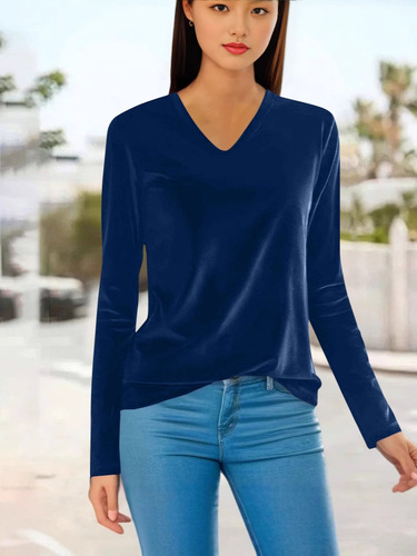 European and American gold velvet bottomed shirt, women's spring long-sleeved V-neck T-shirt, pure color, women's clothing, all-matching, slim fit and slimming