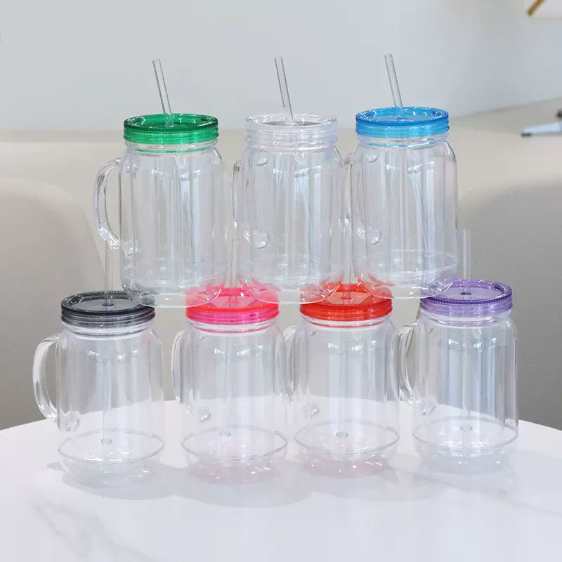 透明22oz塑料雪花球双层塑料杯梅森罐带手柄可DIY马克杯鸡公杯