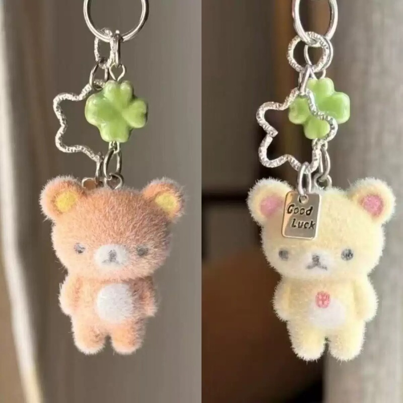 Resin Flocked Bear Pendant Cute Cartoon Charm Four-Leaf Clover DIY Keychain Bag Camera Phone Chain Pendant