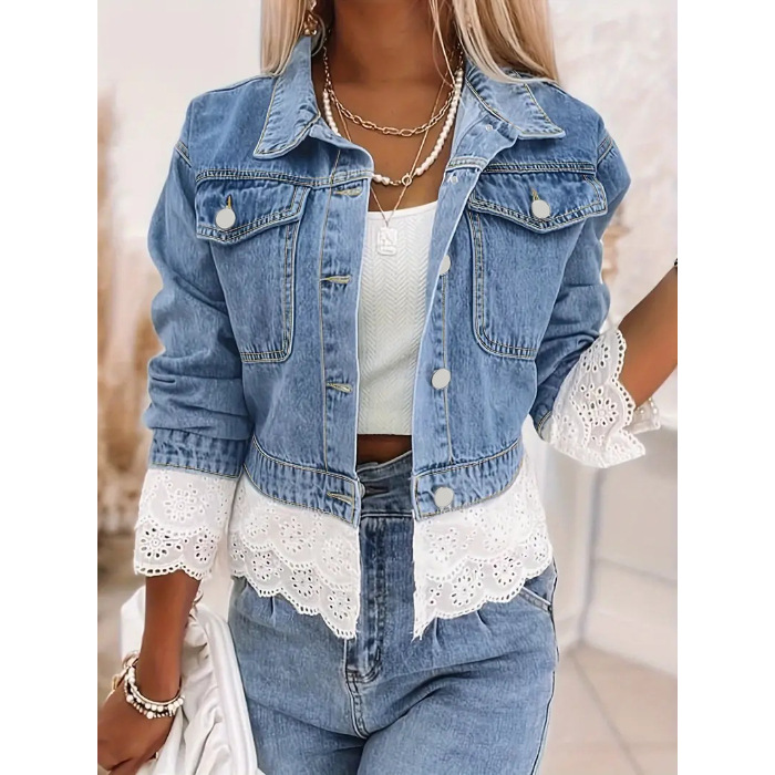 Women's Clothing Plus Size Denim Top With Lace Patchwork Long Sleeve Beach Style Casual Fashion Trend For Summer 2026_voghion.com