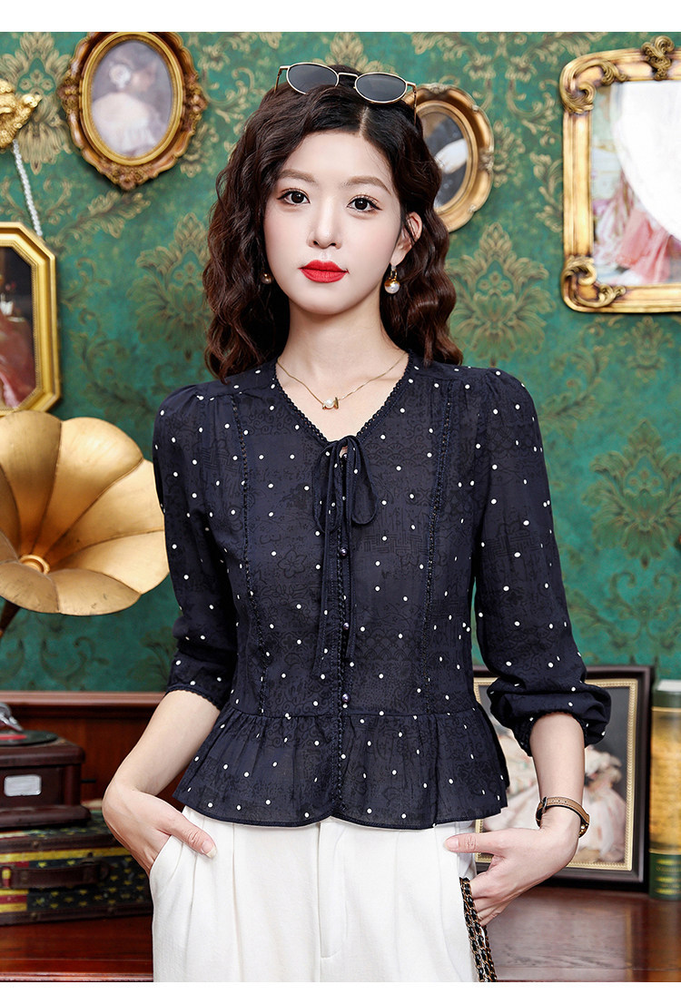 Áo sơ mi nữ tay dài cổ nơ bướm họa tiết chấm bi phong cách vintage — Xanh lông mòng đen chi tiết 16