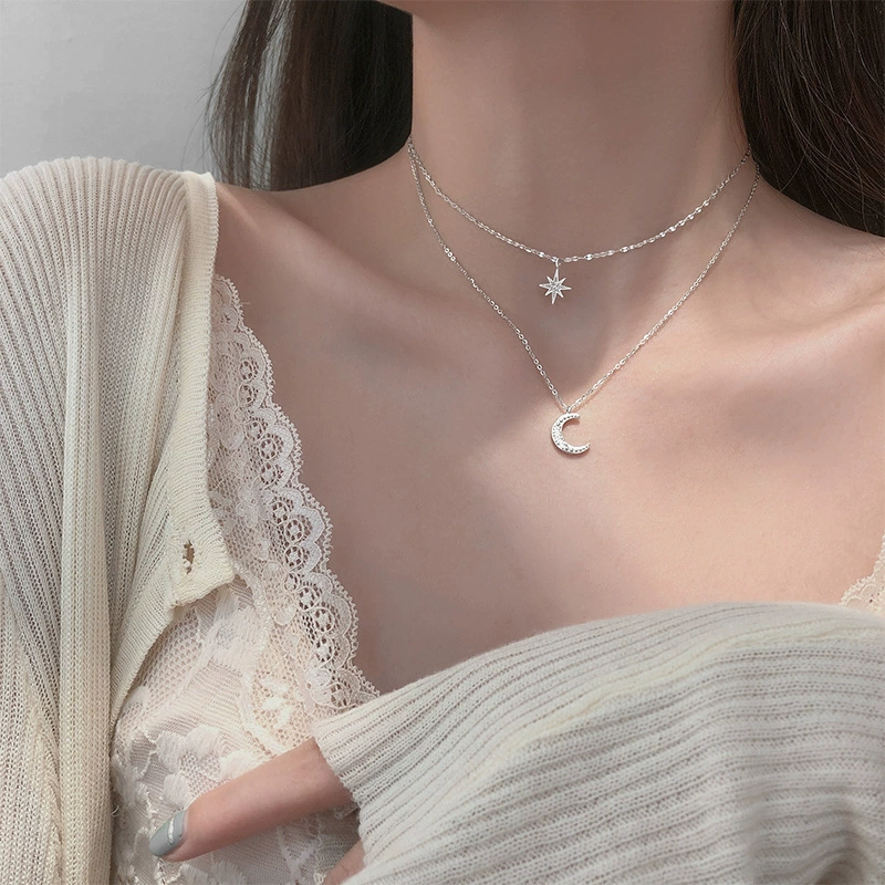 Necklace Brand, silver chain with moon & star pendants, Korean light-luxury design, 8×5.8 cm
