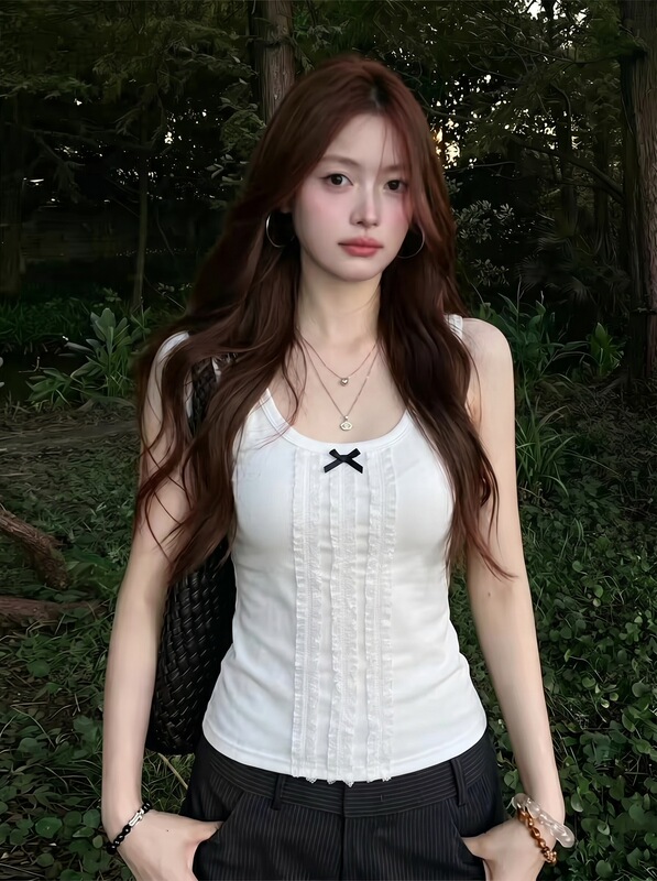 【Special Offer】 40-Count 1*1 Fine Cotton Lace-Trimmed Camisole with Bowknot for Women, Sweet and Spicy Style