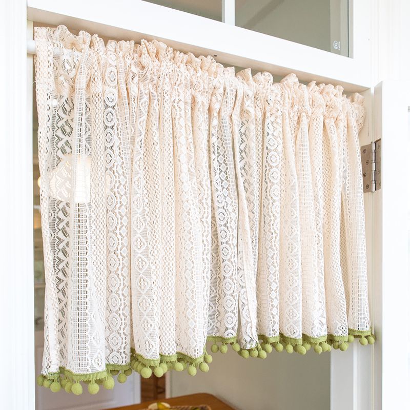 绿色毛球短帘波西米亚风短帘半透明遮挡帘厨房遮挡帘卧室隔断帘