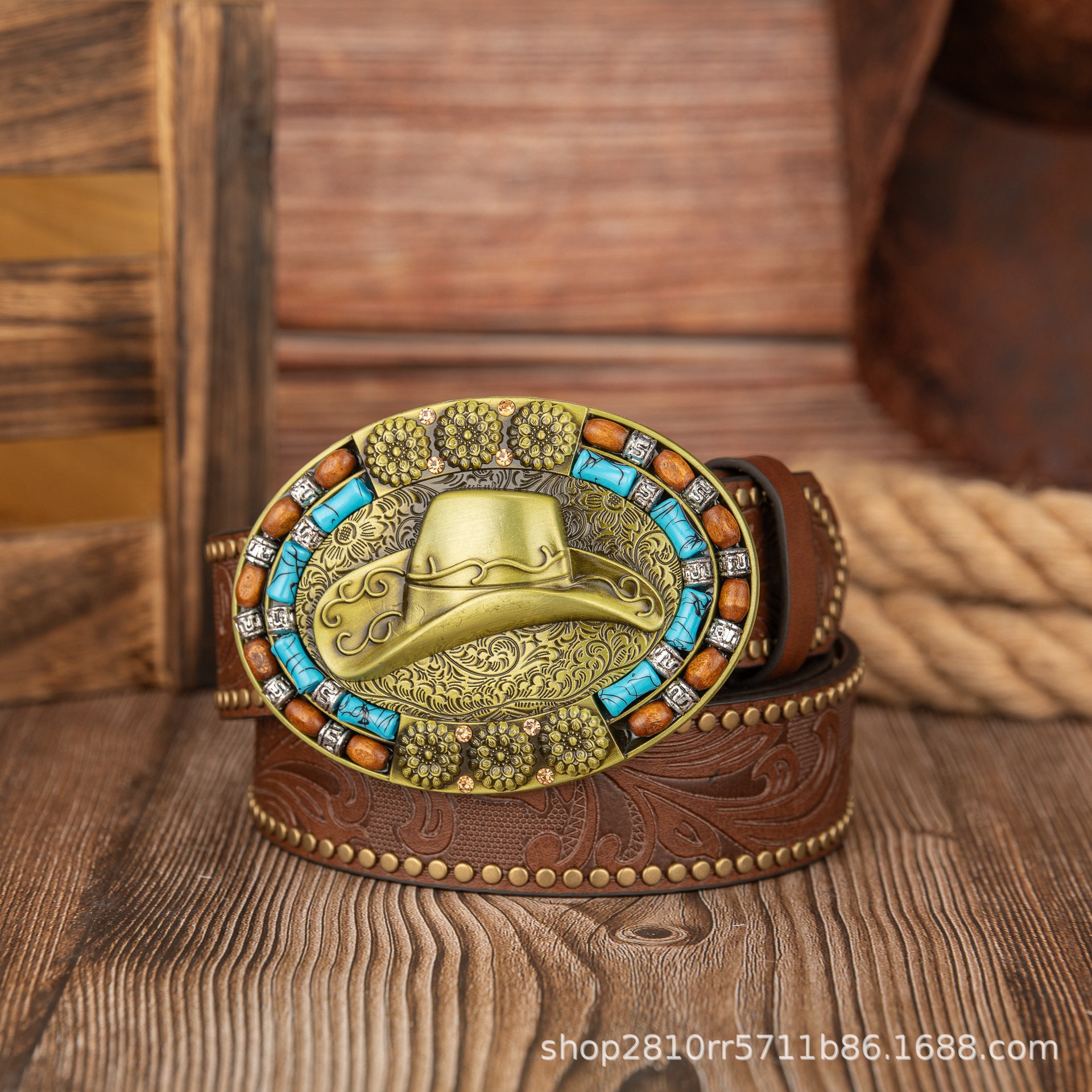 Cross-border retro nuevo estilo azul turquesa cuentas de madera cabeza de toro hebilla cinturón de cuero PU punk europeo y americano