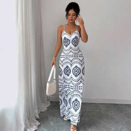 亚马逊2026欧美波西米亚度假定位印花时尚吊带无袖连衣裙性感长裙