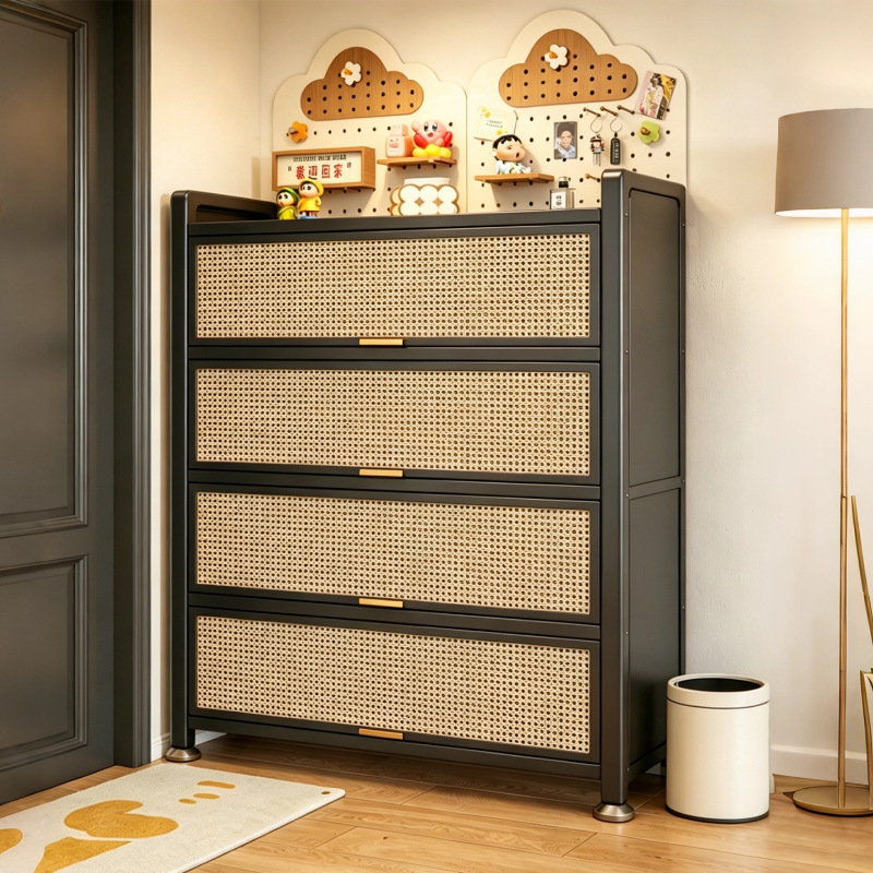 Steel Shoe Rack for Home Entrance, Multi-Layer Storage Rack for Entryway, Large Capacity, Dust-Proof, Floor-Standing, Breathable Rattan Shoe Cabinet