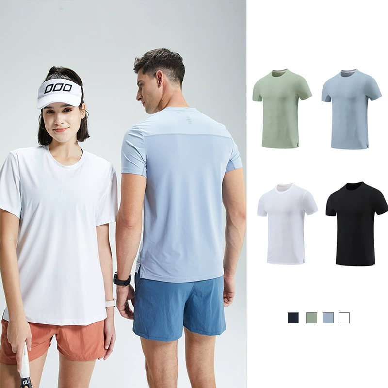 Спортивная быстросохнущая прохладная на ощупь с короткими рукавами для отдыха на открытом воздухе Свободная дышащая Однотонная футболка с круглым вырезом для фитнеса и бега
