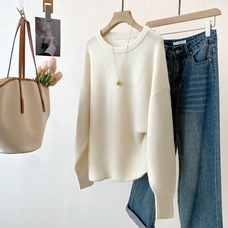 25 Autumn and Winter New High-Quality 100 Wool Round Neck Sweater with Dropped Shoulder Sleeves Pure Color Simple and Versatile A1090