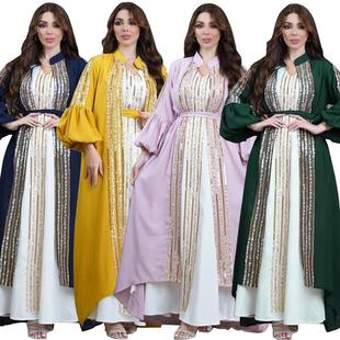 Middle East Kuwait Long Robe Muslim Fashion Women's Sequin Embroidered Two-Piece Puff Sleeve Dress