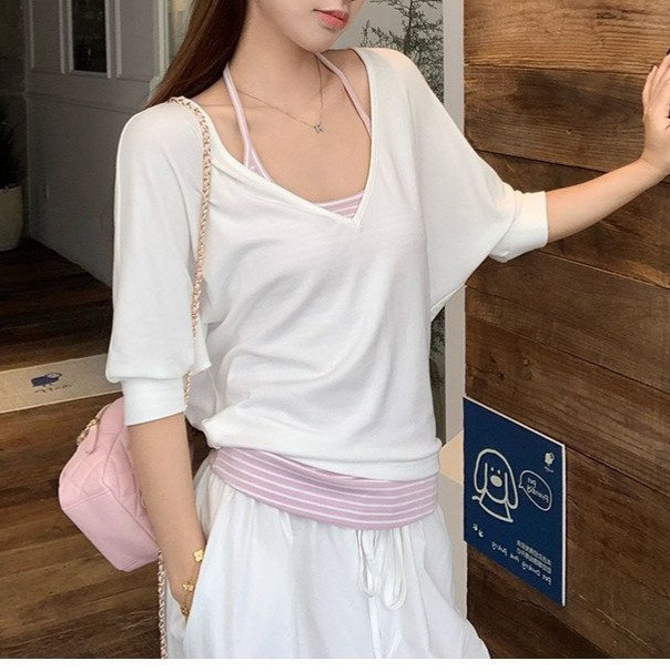 V-neck thin loose short-sleeve batwing sleeve T-shirt for women, summer striped halter neck camisole two-piece top set