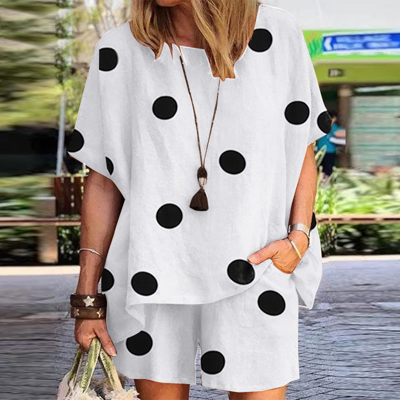 Foreign Trade AliExpress Amazon New Summer Casual Set Crew Neck Polka Dot Print Short-Sleeved Top and Shorts Two-Piece Set