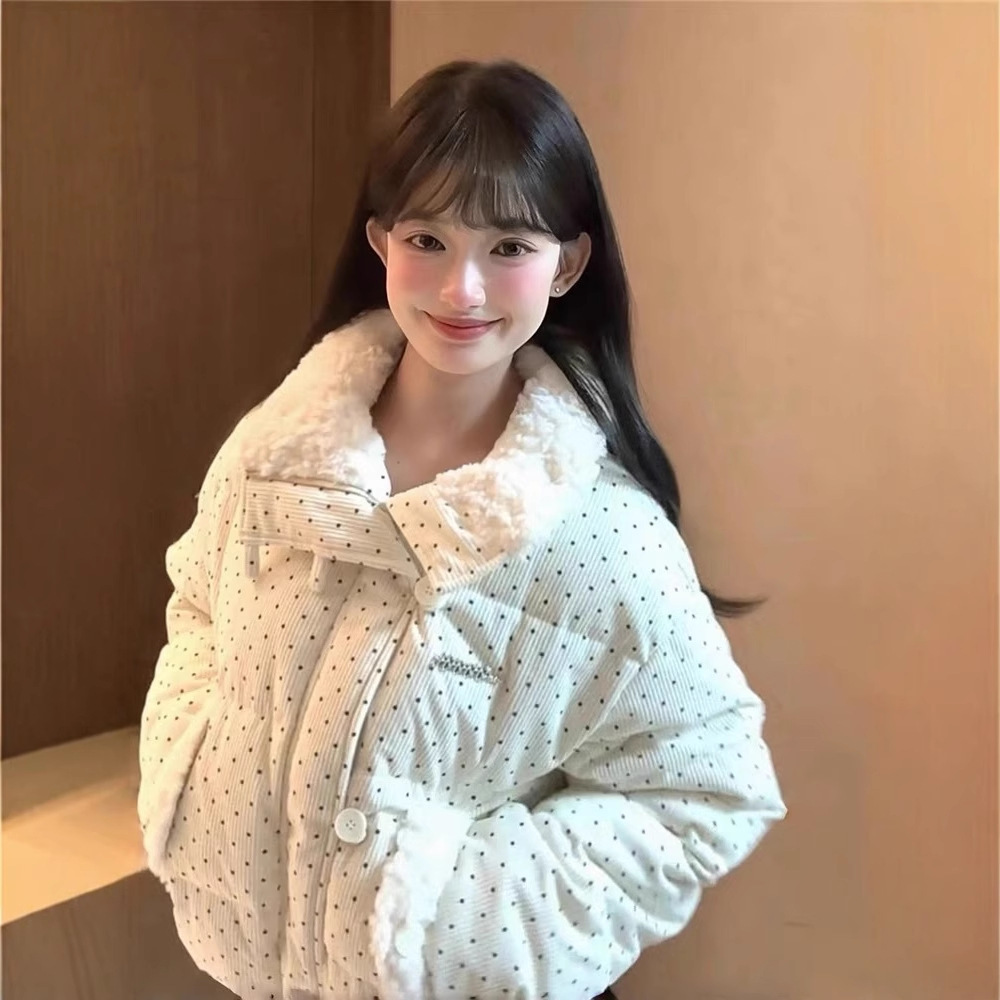 拼接设计感小众波点棉服上衣女冬季甜美可爱羊羔毛翻领外套棉衣韩