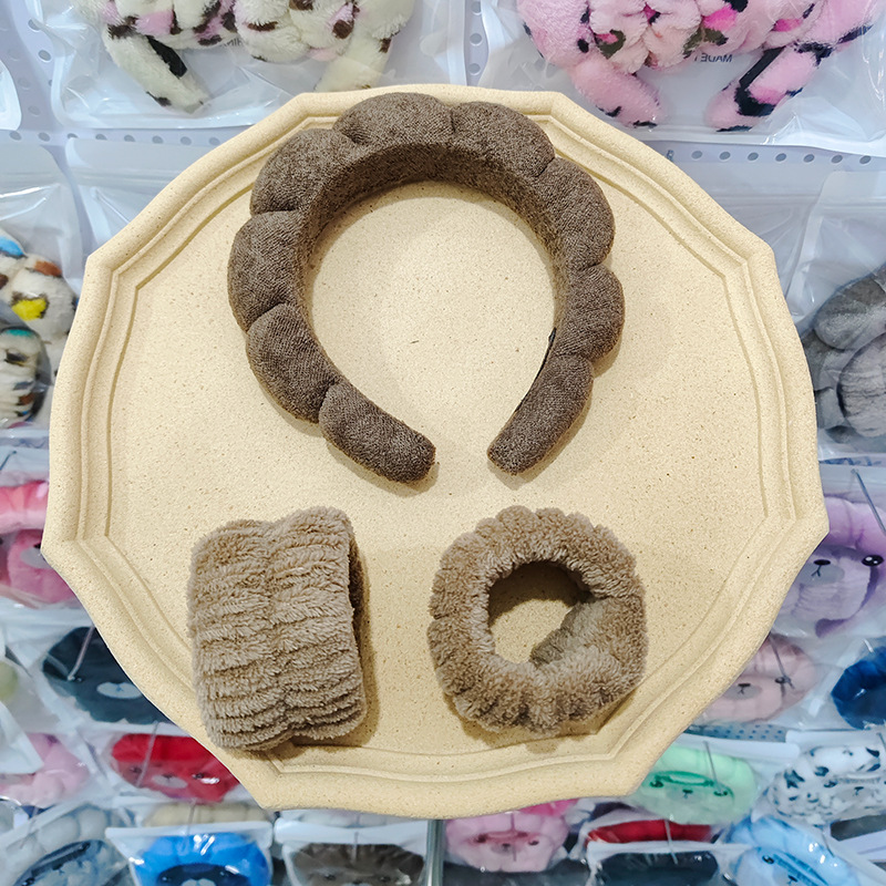 다크 커피 헤드밴드(테리 벨벳) + 손목 스트랩 2개(솔기 인터페이스)