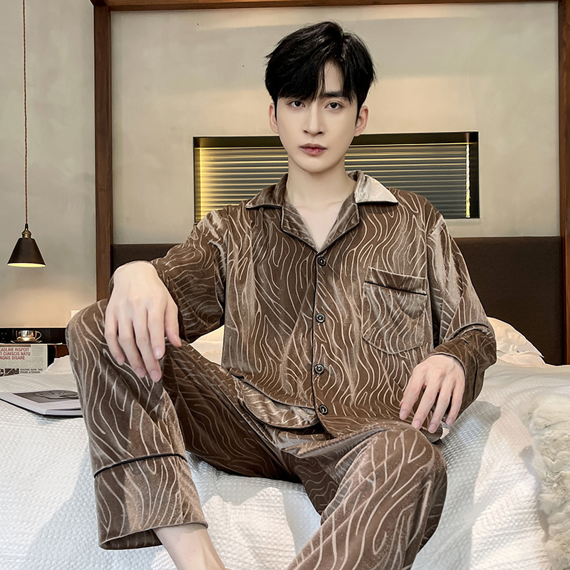 2025 pijama hombre otoño invierno terciopelo dorado calentamiento cardigan juvenil simple casual manga larga ropa de casa set de cabello
