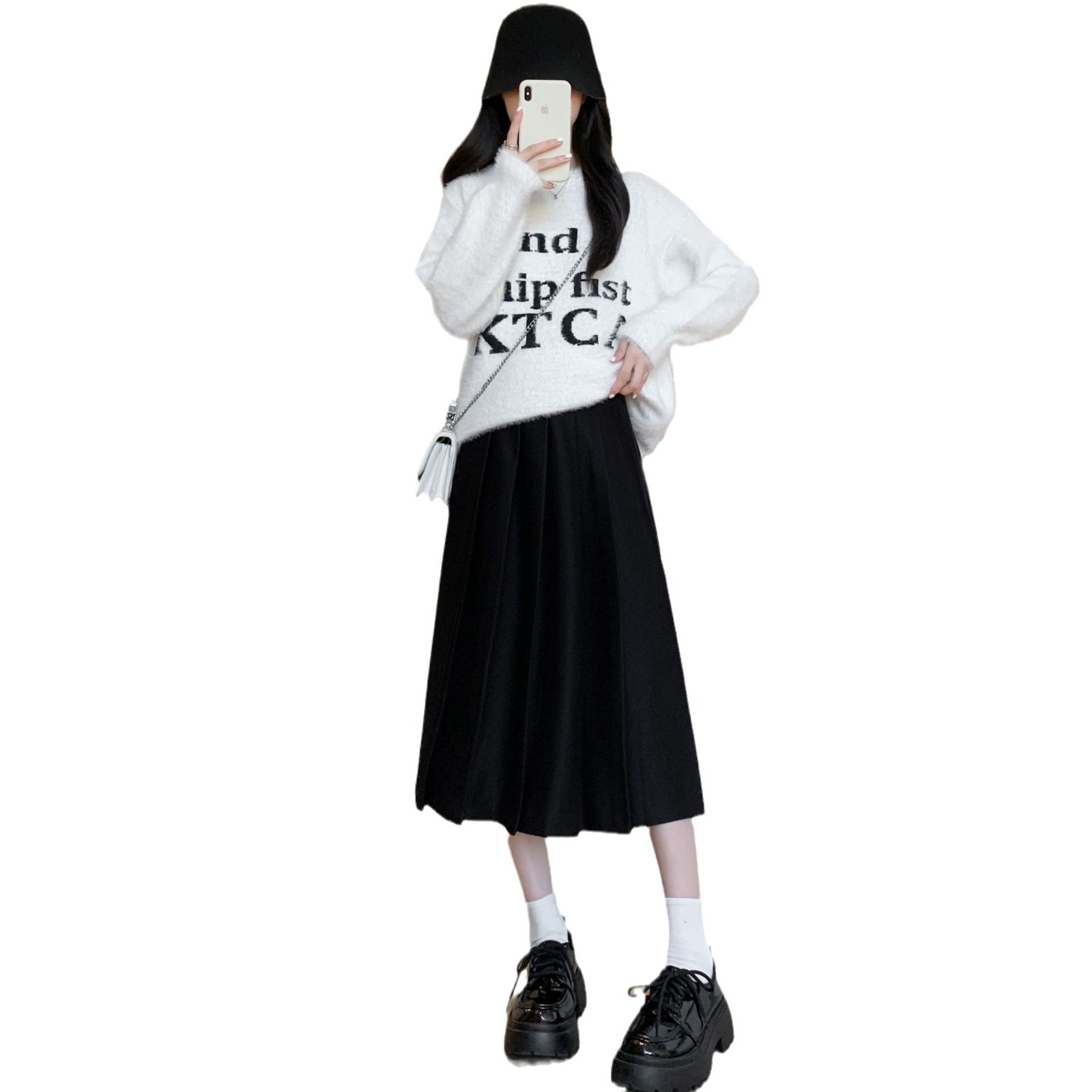 2023 outono/inverno nova saia plissada espessada com elástico e cintura alta emagrecimento e ajuste solto temperamento saia de comprimento médio_voghion.com