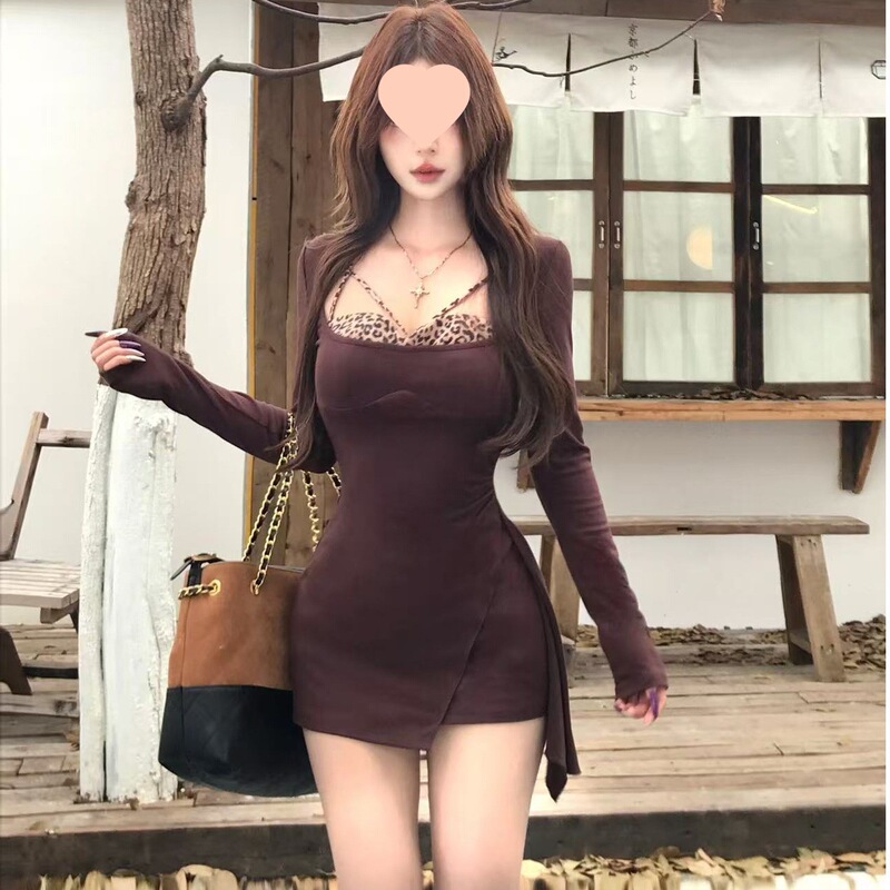 Sexy Leopard Print Faux Two-Piece Dress for Women, Autumn Long-Sleeve Base Dress with Irregular High-End Feel, Autumn and Winter Bodycon Dress