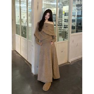 Korean wear suit women's spring and autumn temperament lazy shoulder long sleeve knitted jacket with half-length skirt two...