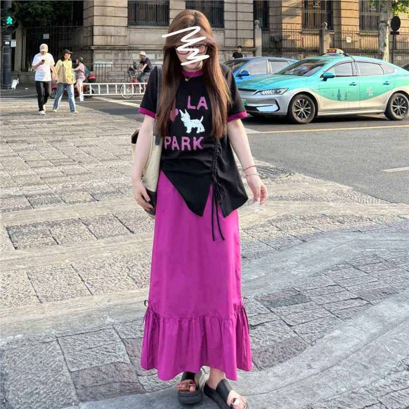 大码胖mm韩系拼接撞色字母短袖T恤女装夏季巨显瘦半身裙时尚套装|undefined