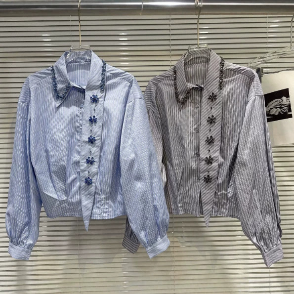 2026 Autumn New Fashionable Elegant Women's Rhinestone Flower Tie Vertical Striped Long Sleeve Shirt