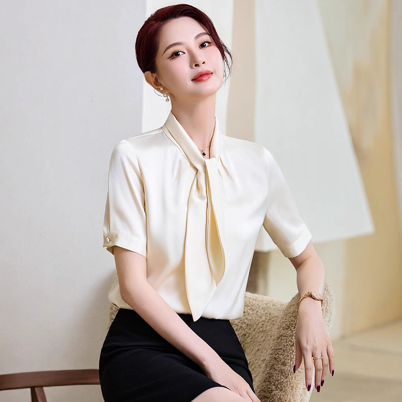 Bow Lace-up White Shirt Women's Short-sleeved Summer Chiffon Top Fashion Design Sense Niche Professional Shirt Satin Bow Lace-up White Shirt Women's Short-sleeved Summer Chiffon Top Fashion Design Sense Niche Professional Shirt Satin
