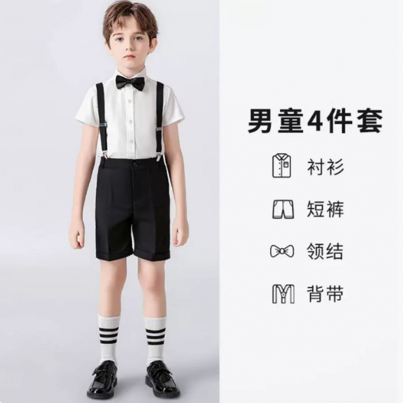 짧은 소매 반바지, 검은색 넥타이 멜빵