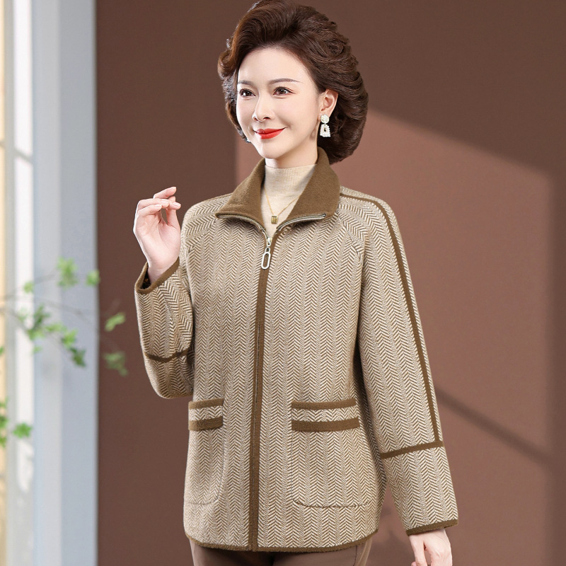 妈妈春秋装双面毛呢带领加厚外套奶奶洋气上衣中老年人女针织开衫|undefined