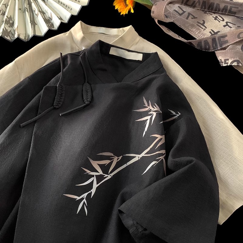 New Chinese Style Short Sleeve Shirt Men's 2024 Summer New Arrival Branches Printed National Fashion Design Sense Loose Top Jacket