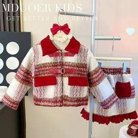 女孩秋冬款红色小公主冬装中小童韩版拼色格纹翻领外套短裙两件套