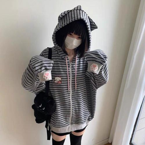 Strawberry Cat Embroidered Striped Top with Cute Cat Ears, Beige and Black Grey Sweatshirt, Loose Outerwear for Women, Autumn and Winter, Japanese Style, Soft Girl