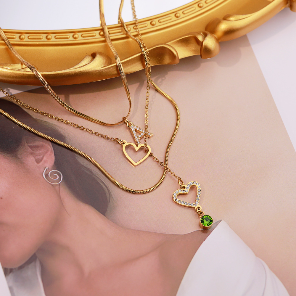 Casual, Daily, Party Occasion Wholesale Jewelry IG Style Korean Style Letter Heart Shape 304 Stainless Steel Rhinestones Birthstone Gold Plated Plating Inlay Three Layer Necklace