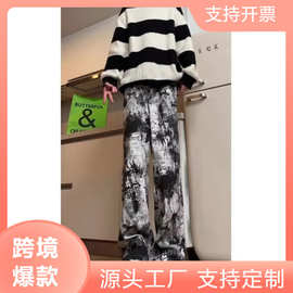 春秋男潮宽松直筒牛仔裤重磅砂洗复古休闲牛仔长裤男士黑色配靴裤
