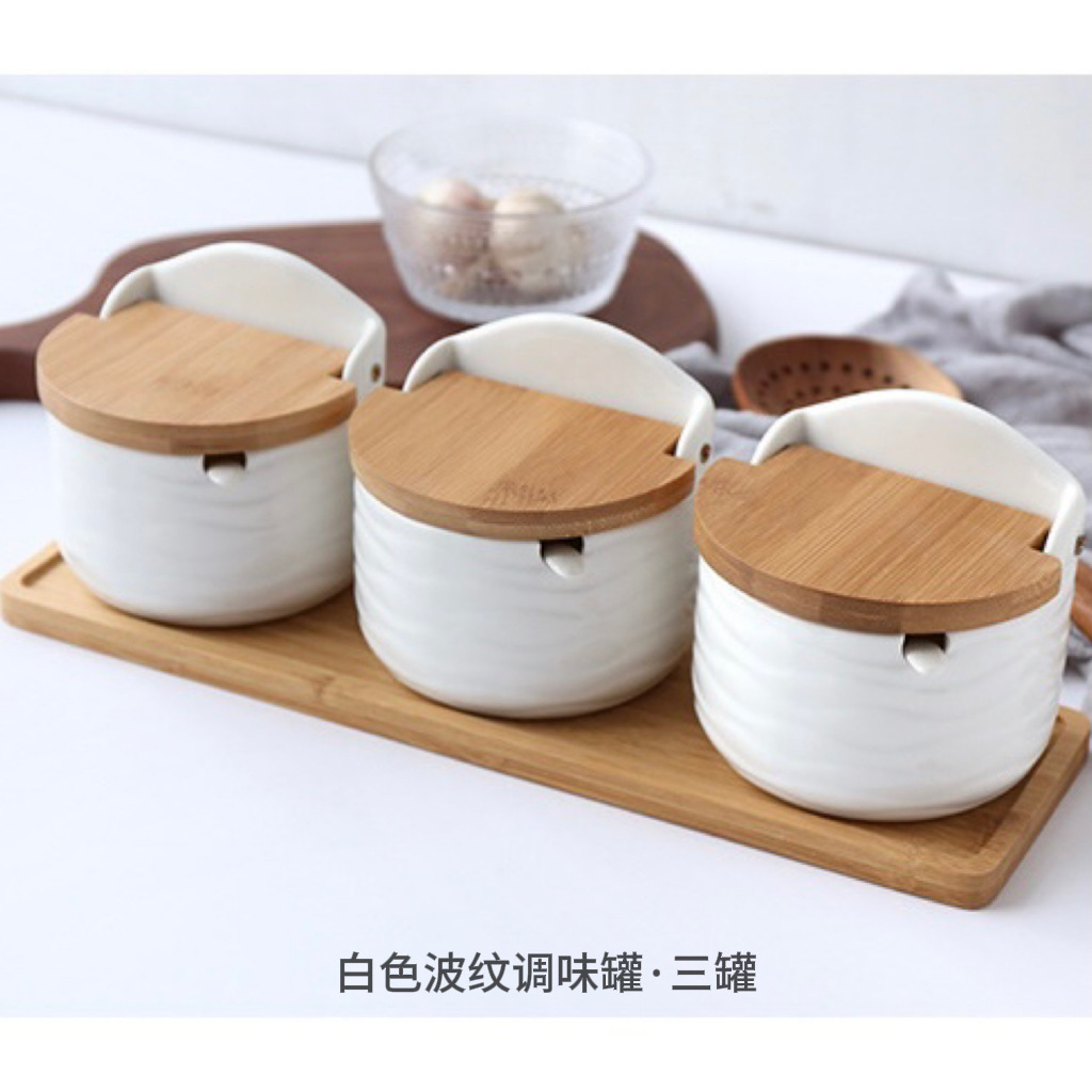 Tarro de condimento de tapa de madera de bambú de cerámica japonesa, caja de condimento, tanque de almacenamiento de condimento de cocina, juego de tarro de azúcar de sal para el hogar de restaurante
