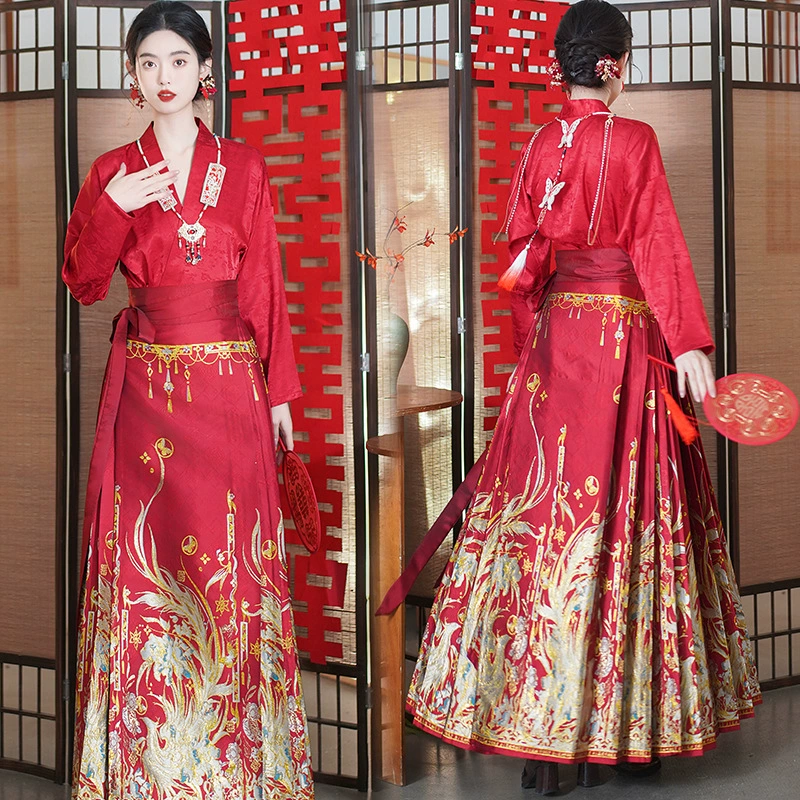 Реальный выстрел Новый Феникс тканые Золото-Красный тяжелая работа лошадь лицо платье ханьфу женщины тост заказать свадебное платье Новый китайский стиль платье